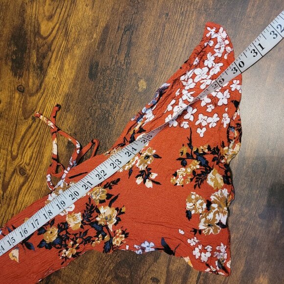 band of gypsies Floral Romper XS Tie Bell Sleeve Pockets Rust Brown Feminine - Picture 8 of 8